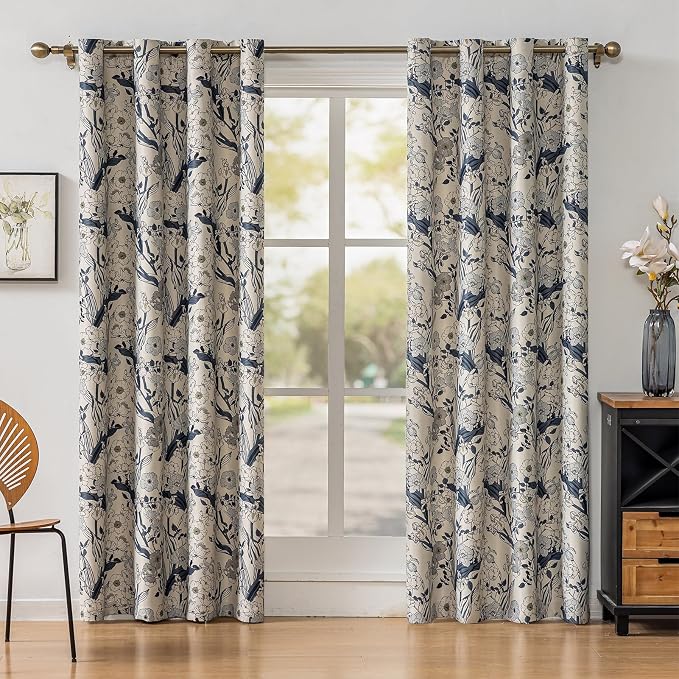 SUOUO Grey Blue Floral Blackout Curtains - Image 2