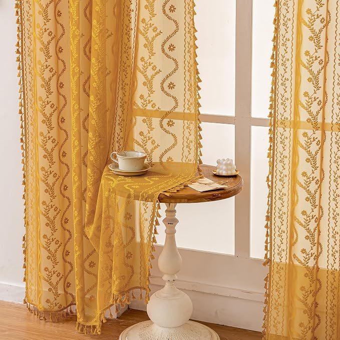 WAZZIO Boho Lace Curtains 2 Panels 63 Inch -Victorian Sheer Panel Drape French - Image 5