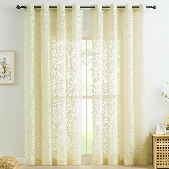 Bujasso Lace Sheer Curtains Ivory Rod Pocket 2 Panels 54" Wx84 L | Vintage by Bujasso