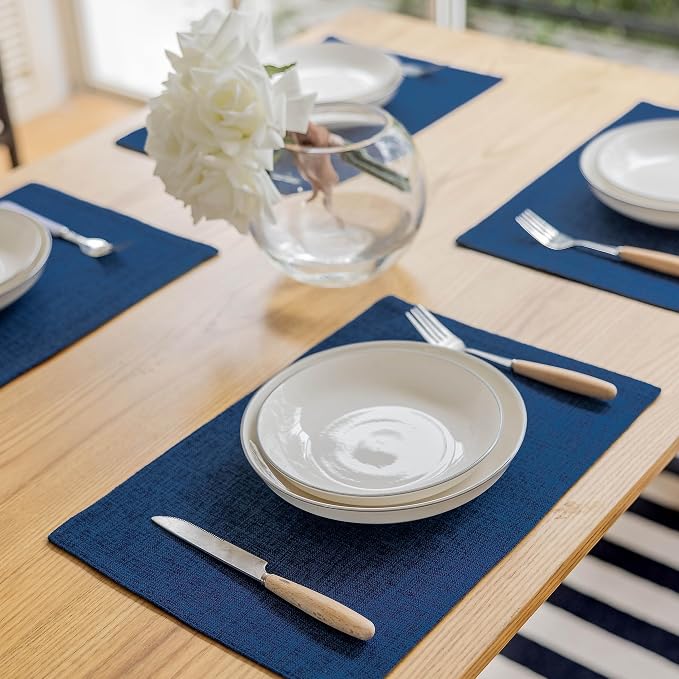 Demetex Cloth Table Placemats Heat Resistant Linen Place Mats Set of 4 Navy - Image 6