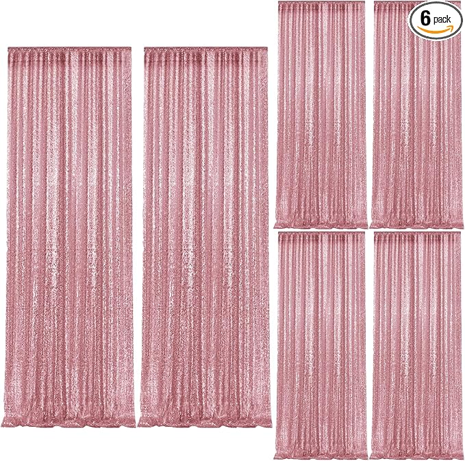 2×8FT-6PCS Rose Pink Sequin Backdrop Curtains Panels, Photography Backdrop by Pufogu