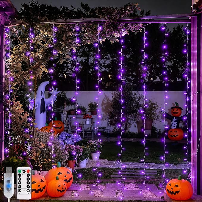 JMEXSUSS 200 LED USB Purple Halloween Lights, 6.5ft x 6.5ft | Halloween Curtain by JMEXSUSS