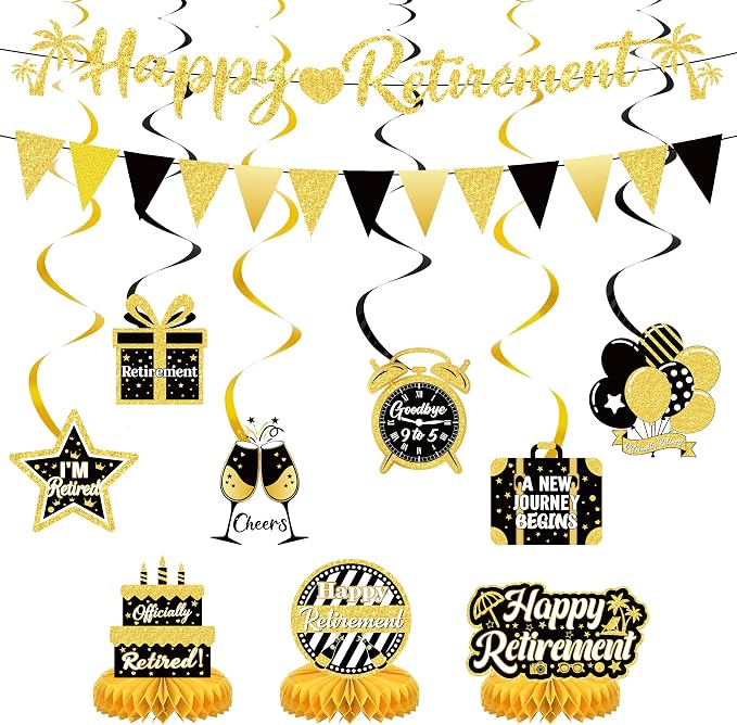 17 Pcs Black Gold Retirement Party Decorations by JCTHKUKU