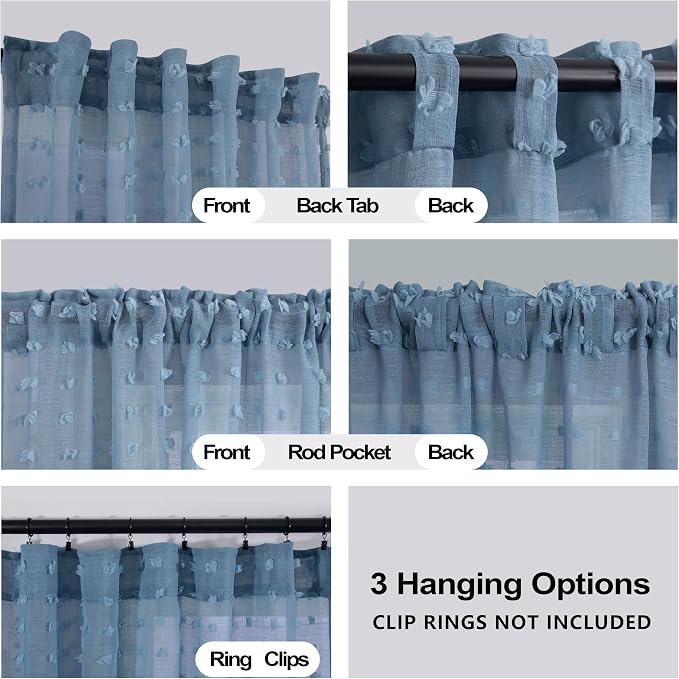 KOUFALL Grey Blue Curtains for Baby Nursery, Boho Pom Pom Light Filtering Sheer - Image 3