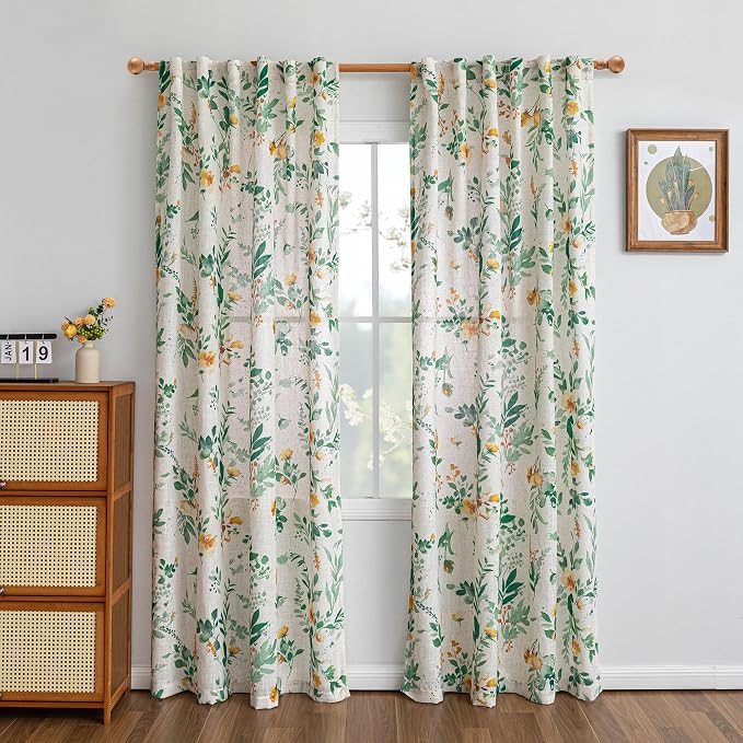 MYSKY HOME Floral Linen Curtains 90 inch Length 2 Panels Set - Image 2