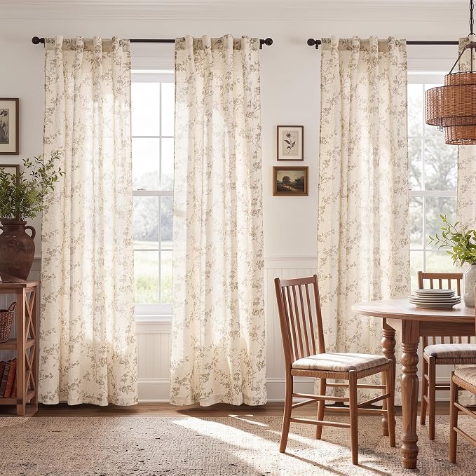 jinchan Taupe Floral Linen Curtains 84 Inch Farmhouse Back Tab 2 Panels | Taupe - Image 3