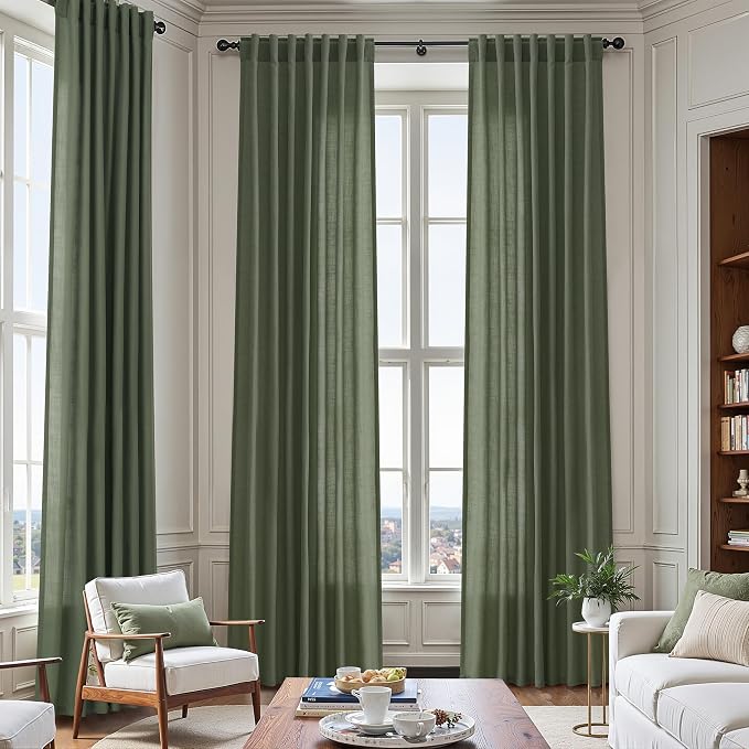 Olive Green Linen Curtains for Living Room 2 Panels Set 126 Inch Length Back - Image 6