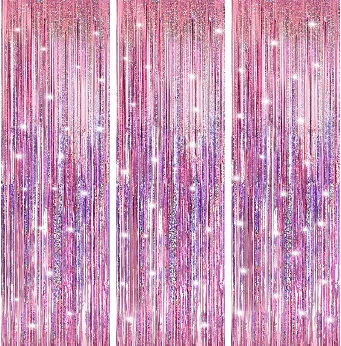 3 Pack 3.3 x 9.9 ft Holographic Pink Tinsel Streamers Party Decorations | Foil by Crosize