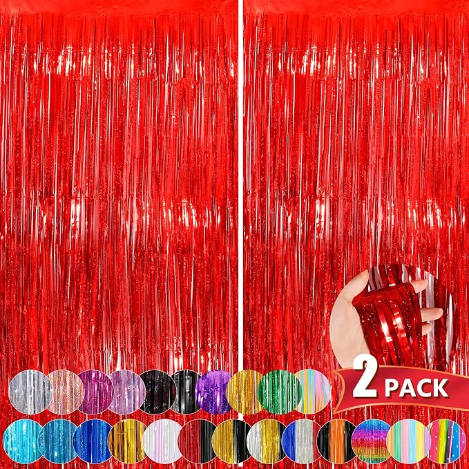 Red Metallic Tinsel Foil Fringe Curtains, 2 Pack 3.3x8.3 Feet Party Streamer by NUWDHP