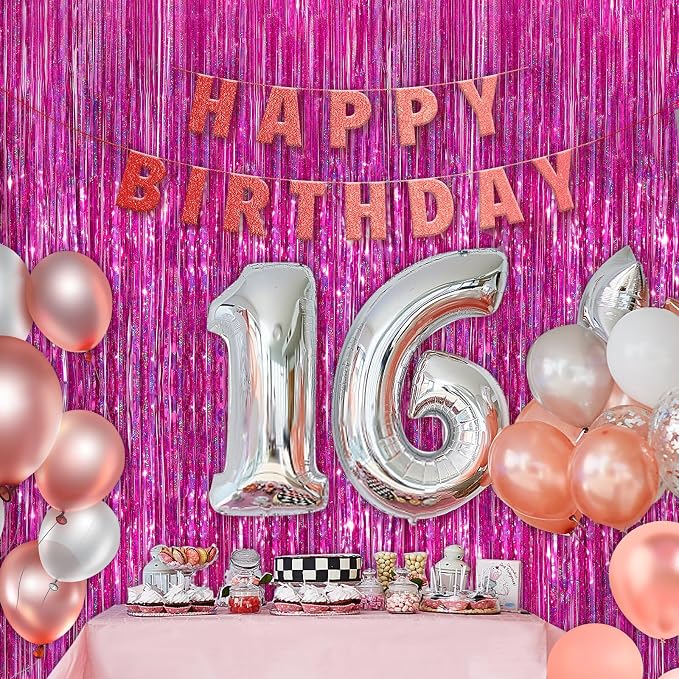Hot Pink Metallic Tinsel Foil Fringe Curtains, 2 Pack 3.3x8.3 Feet Party - Image 7