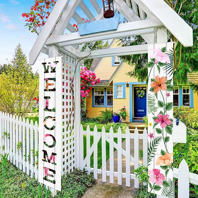 Frienda 2 Pcs Spring Welcome Floral Porch Banners 72"x12" Summer Flower Hanging - Image 4