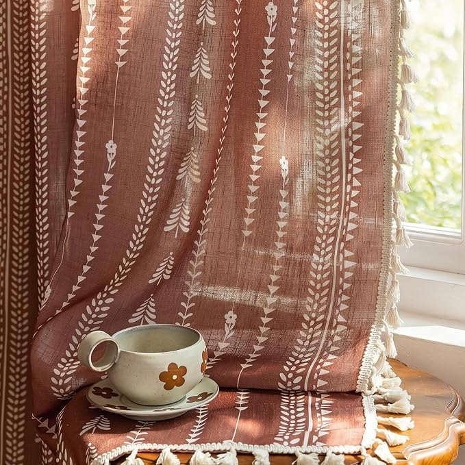 Boho Curtains for Living Room, Terracotta Curtains 84 Inch Long Linen Blended - Image 6