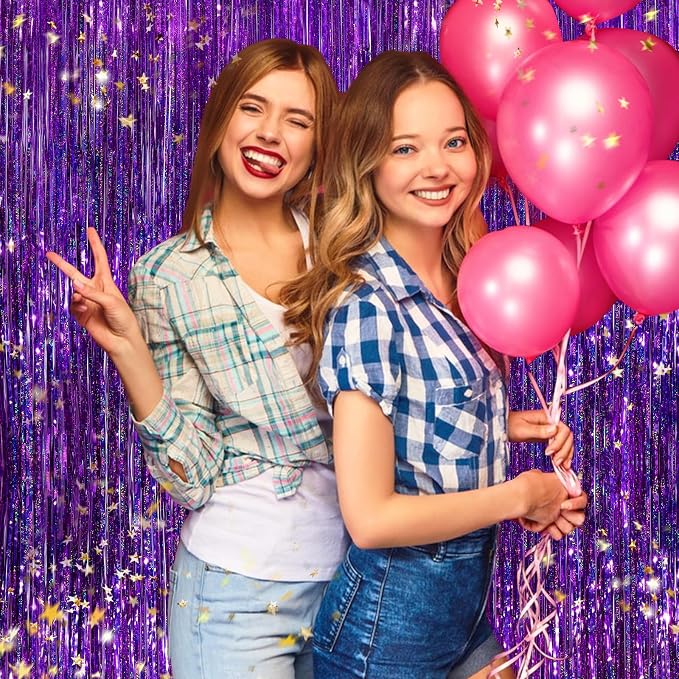 Purple Metallic Tinsel Foil Fringe Curtains, 2 Pack 3.3x8.3 Feet Party Streamer - Image 5