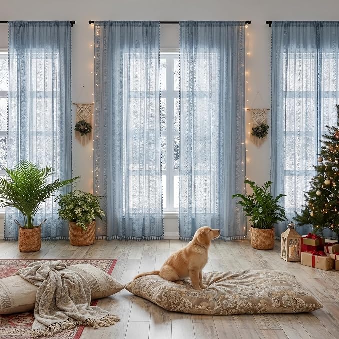 WAZZIO Boho Lace Curtains 84 Inches 2 Panel, Light Filtering Privacy Tassel & - Image 4