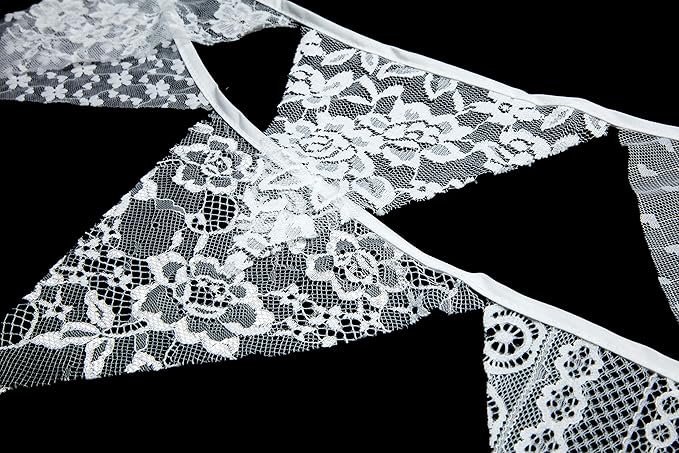 LOVENJOY White Floral Lace Pennant Banner, Fabric Triangle Lace Bunting Flag - Image 5