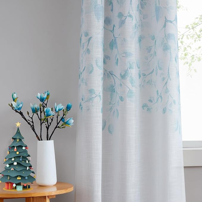 Central Park Leaf Floral Print Metallic Sheer Curtain, Teal Blue, Grommet Top - Image 8