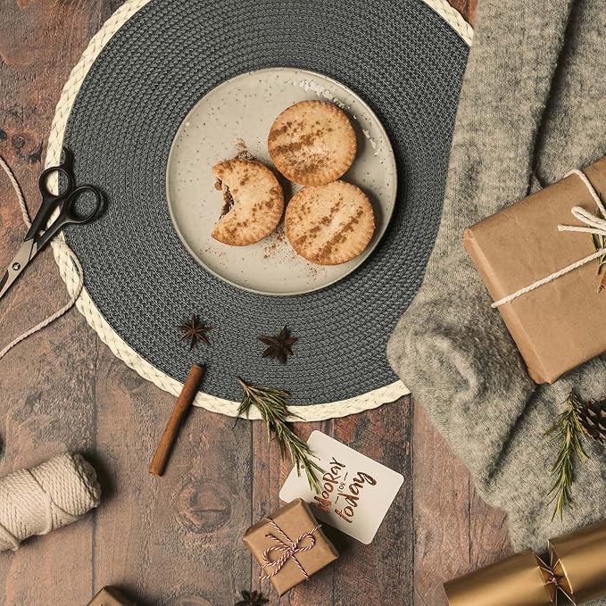 Round Placemats Set of 6, Woven Table Mats, Thin Edge, Charcoal Grey | Braided - Image 5
