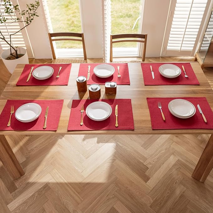 Demetex Placemats Set of 6 Red Linen Wipeable Place Mats Heat Resistant Cloth - Image 7