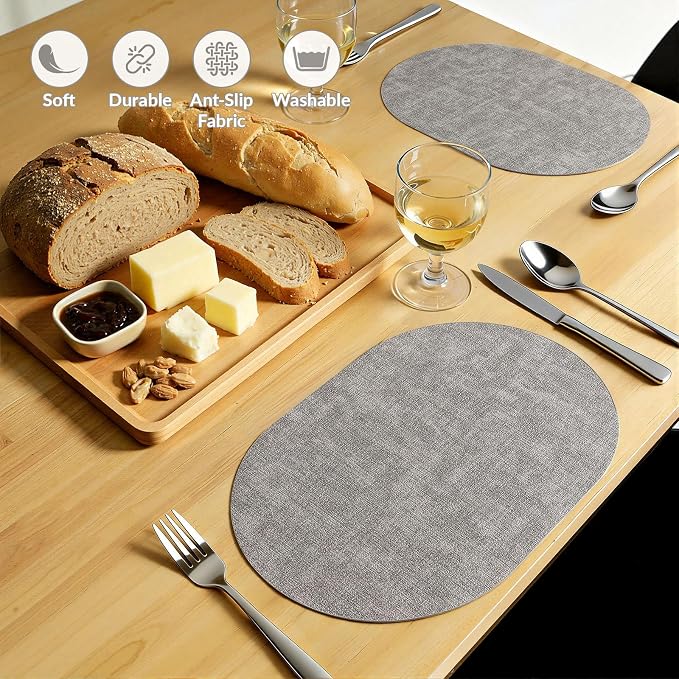 Placemats Set of 6, 11.8 x 17 Inch, Light Grey | Heat Resistant Oval Faux - Image 6