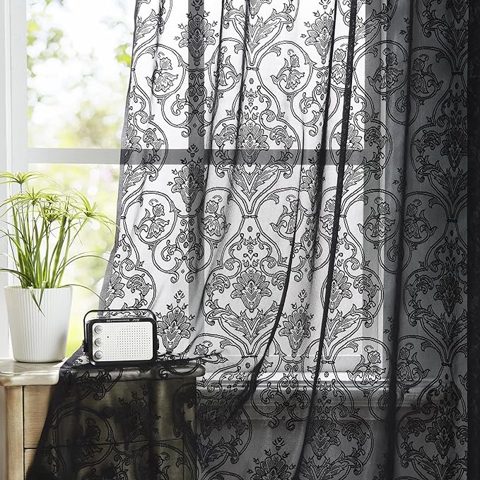 Black Lace Curtains 84 inch Damask Sheer Curtain Panels by Treatmentex