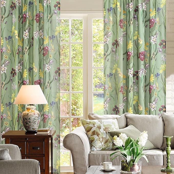 Schweek Ligth Green Boho Floral Curtain 63 Inch Length 2 Panels - Image 2