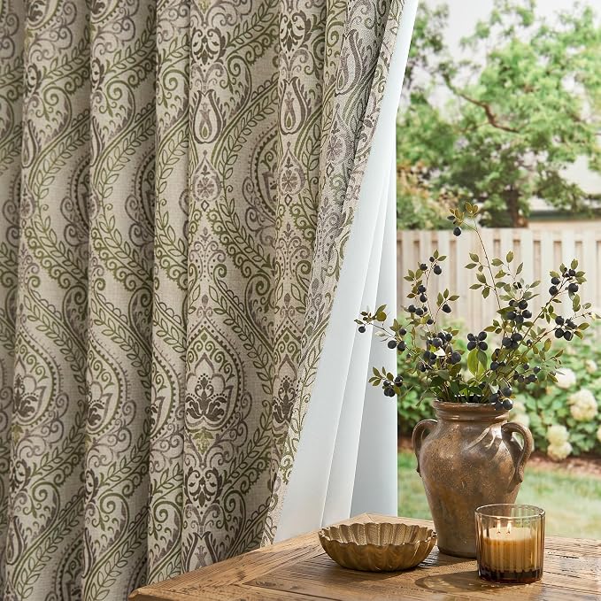 jinchan Sage Green Damask Curtains 90 Inch Room Darkening Grommet 2 Panels | - Image 2