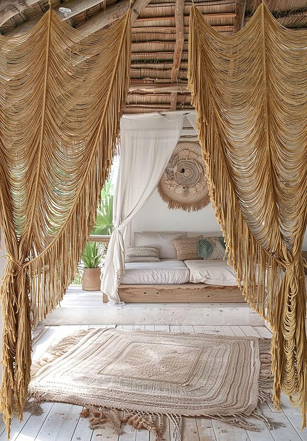 Macrame Curtain Handmade Khaki Boho Doorway window Curtain Room 41"W*75"L | - Image 3