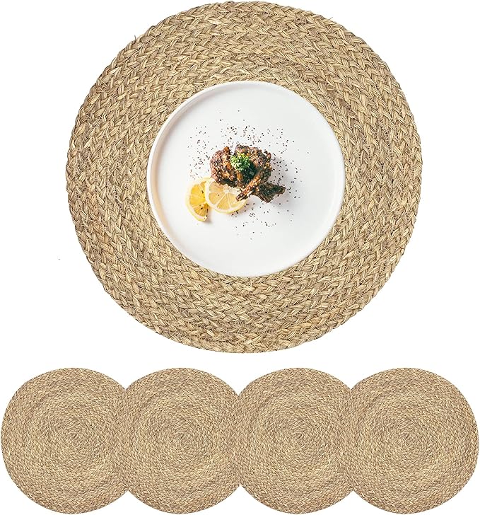 Woven Placemats for Dining Table Set of 4, 100% Natural Straw, Rustic Round by CYSISTERS