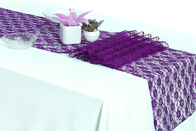 MDS Pack of 15 Wedding 12 x 108 inches Lace Table Runner for Wedding, Decorations for Birthday Parties, Banquets, Graduations, Engagements, and Runners fit Rectangle, Round Table- Purple