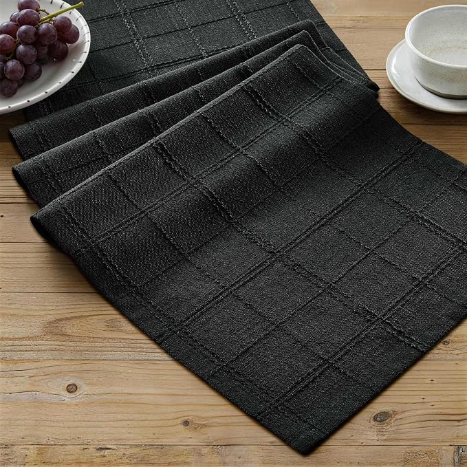 Linen Checked Farmhouse Table Runner, 13x108 Inches Black | Raised Grid Design by ZEEMARTONLINE