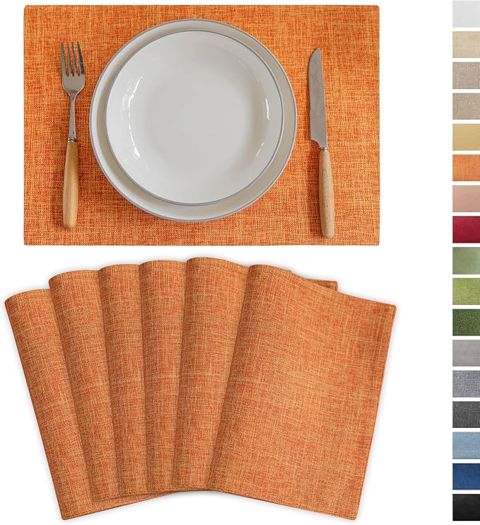 Demetex Orange Placemats Set of 6 Linen Place Mats Modern Washable Table Plate by DEMETEX
