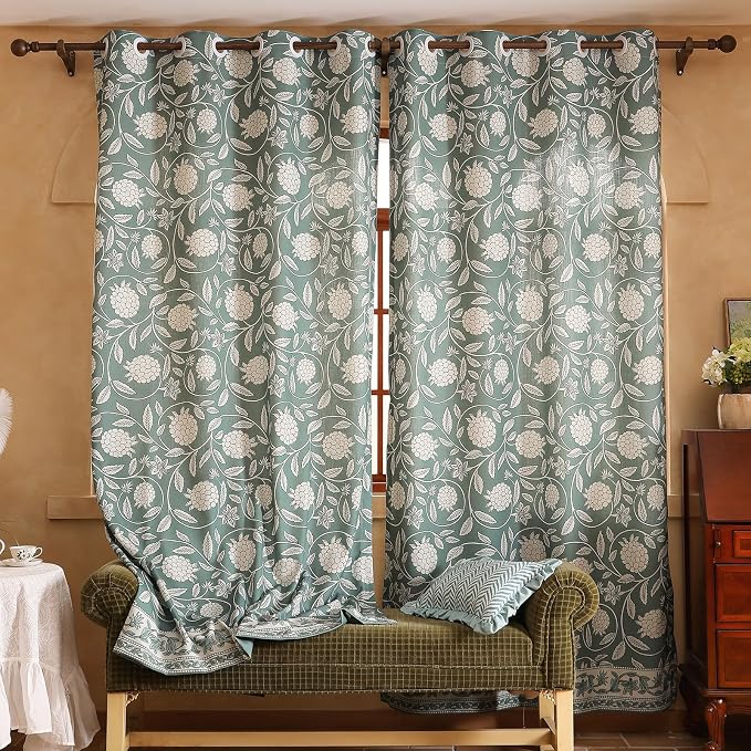 Designer Vintage Linen Printed Curtains, 2 Panels, Floral Pattern Draps - Image 9