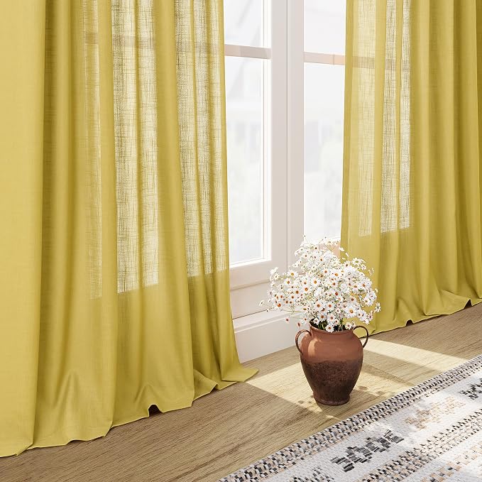 Celery Yellow Linen Curtains 108 Inches Long 2 Panels Set Back Tab Loop Pocket - Image 6