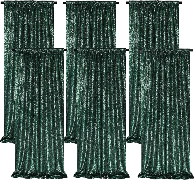 Emerald Green Sequin Curtains Backdrop 6 Pcs 2FTx8FT Shiny Shimmer Fabric | by B-COOL