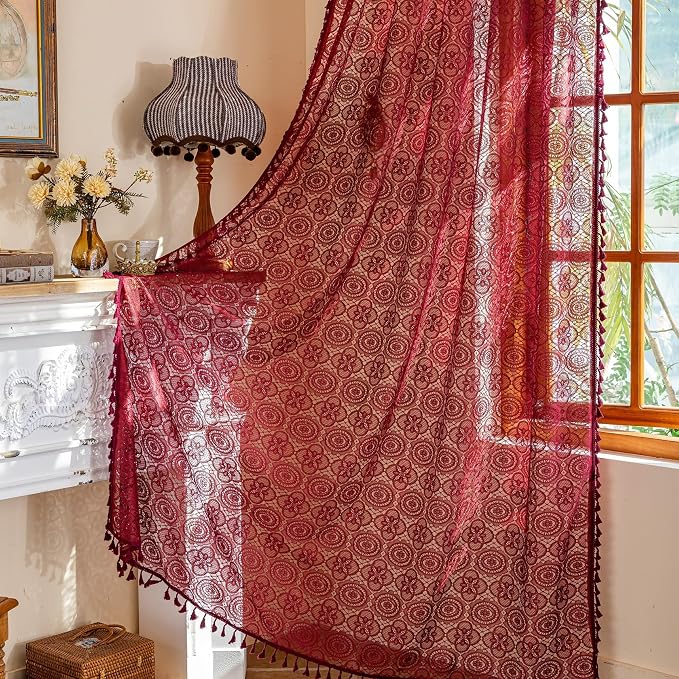 Burgundy Boho Lace Curtains, 59 X 96 inch, Wine Red Sheer Window Panels | Floor - Image 2