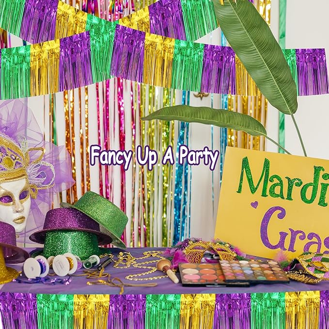 4 Pack 10 Feet Green Gold Purple Foil Fringe Garland Metallic Tinsel Streamers Banner Fringe Backdrop Banner for Parade Floats Mardi Gras Birthday Party Homecoming Decoration (Green Gold Purple)…
