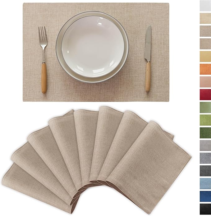 Demetex Linen Placemats Set of 8 Modern Beige Place Mats Heat Resistant by DEMETEX