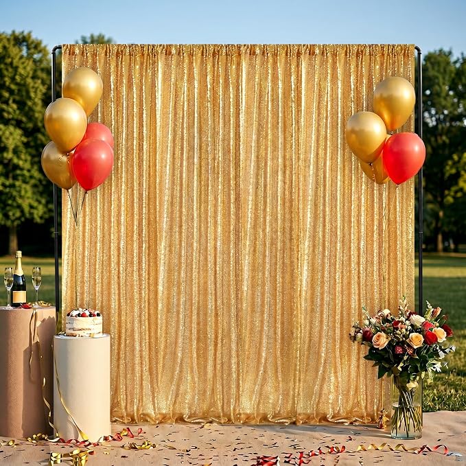 Gold Sequin Backdrop Curtain Panels Stage 2 Pieces 2FTx8FT Sheer Gold Curtains - Image 9