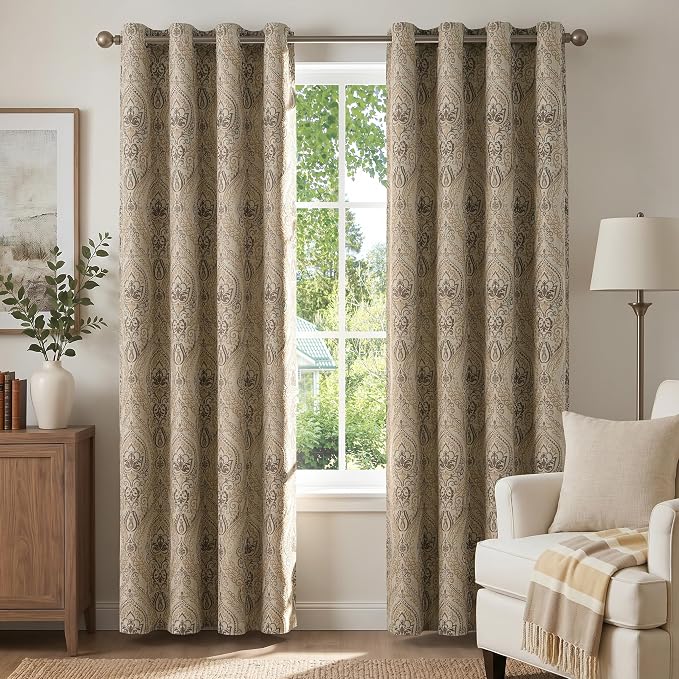 jinchan Taupe Damask Curtains 90 Inch Room Darkening Grommet 2 Panels | by JINCHAN