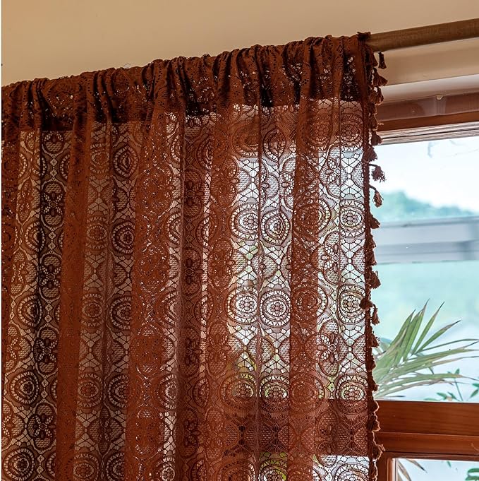 YJ YANJUN Boho Lace Curtains, Camrel Brown Sheer Window Panels | Vintage Floral - Image 3