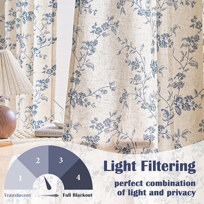 Blue Vintage Floral Linen Curtains Farmhouse 38W X 96L 2 Panels | Elisa Series - Image 3