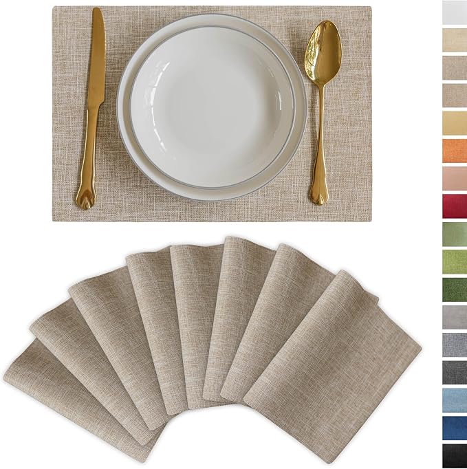 Demetex Linen Textured Placemats Set of 8 Farmhouse Table Place Mats Wipeable by DEMETEX