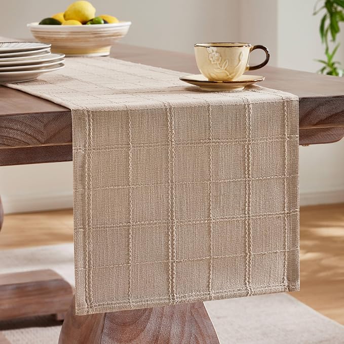 Linen Checked Farmhouse Table Runner, 13x36 Inches Taupe | Raised Grid Design - Image 4