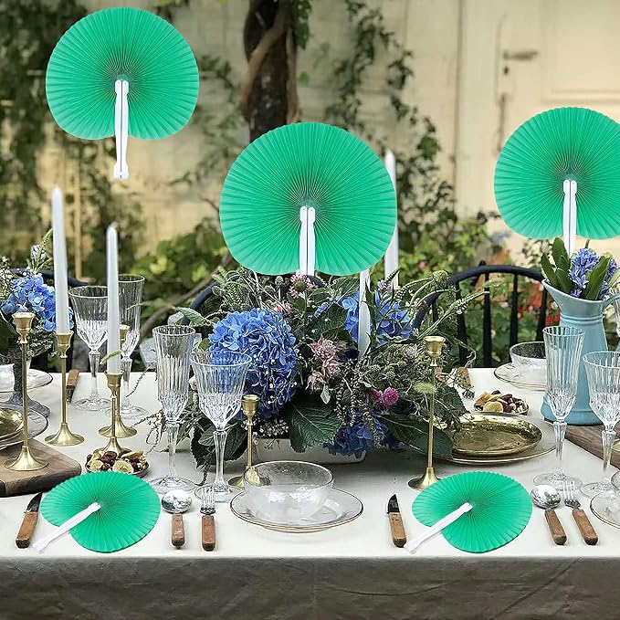 Bestage 20 Pieces Green Round Paper Fans | Foldable Handheld Fans - Image 5