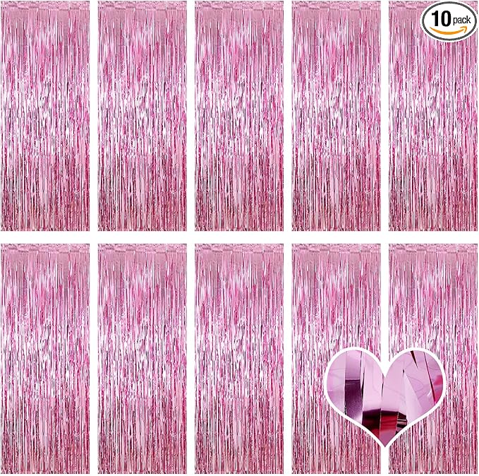 10 Pack Pink Backdrop Curtain 3.2ft x 8.2ft Metallic Tinsel Foil Fringe by Ohiyoo