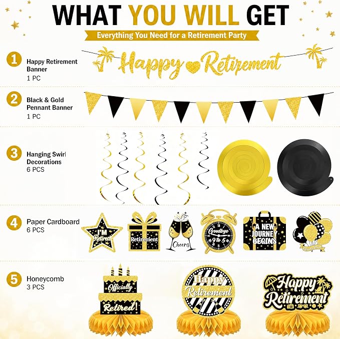 17 Pcs Black Gold Retirement Party Decorations - Image 5