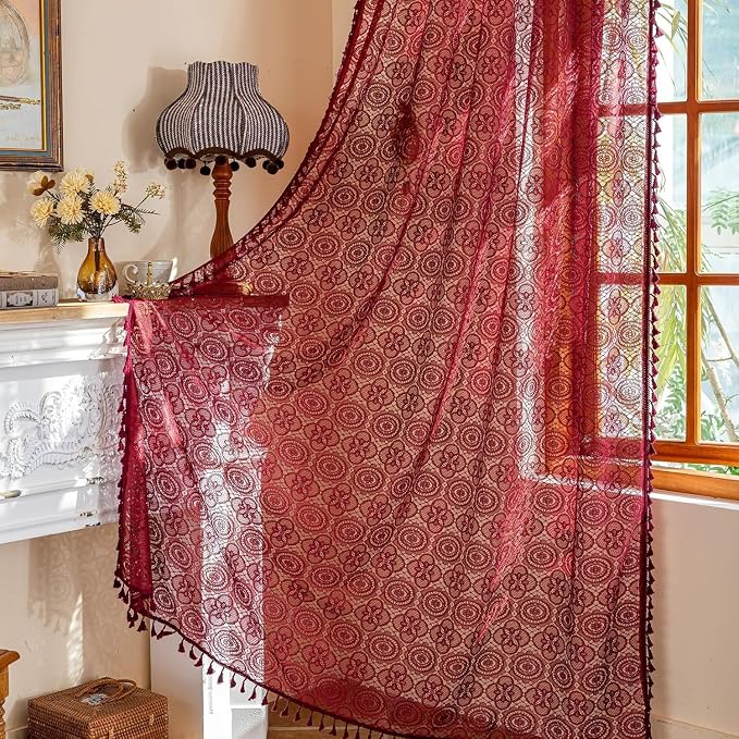 Burgundy Boho Lace Curtains, Wine Red Sheer Window Panels | Extra Long Crochet - Image 3