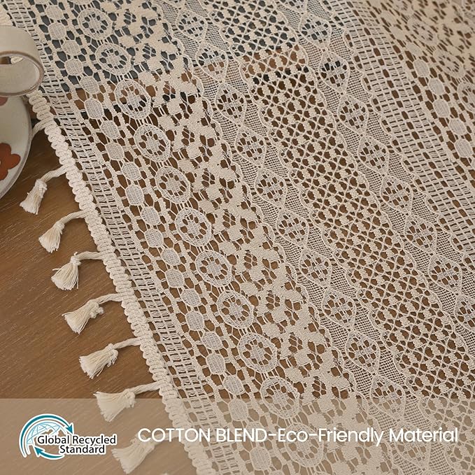 WAZZIO Boho Lace Curtains 102 Inch 2 Panel, Light Filtering Privacy Tassel & - Image 2