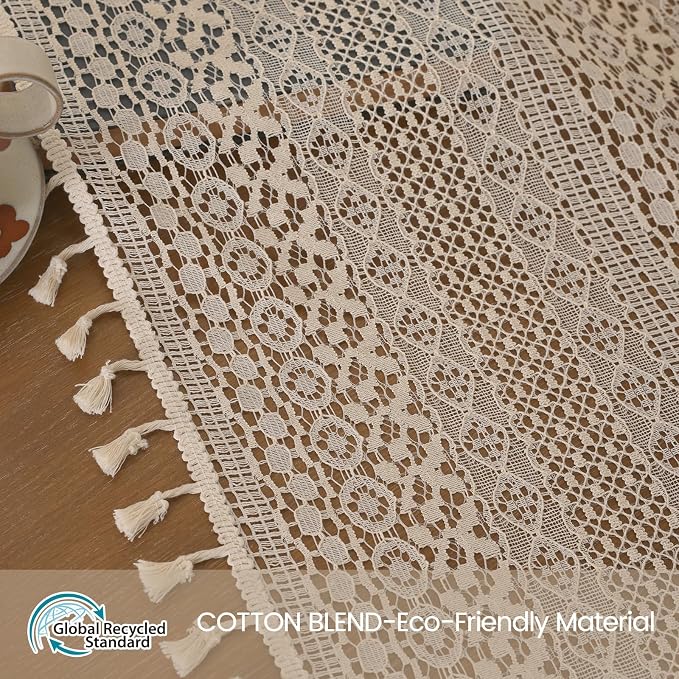 WAZZIO Boho Lace Curtains 120 Inch 2 Panel, Light Filtering Privacy Tassel & - Image 4