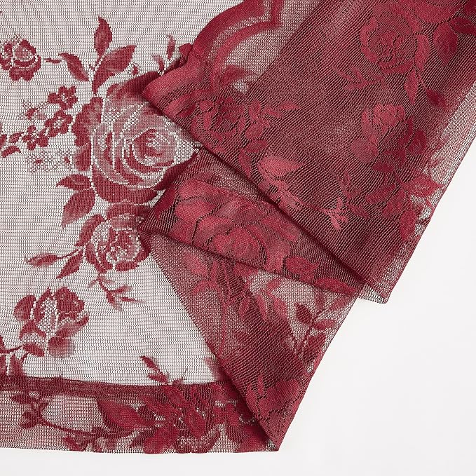 Burgundy Lace Cafe Curtains 24 Inch Length 2 Panels Set Romantic Wine Floral - Image 6